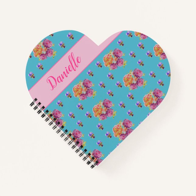 Red Pink Rose Shabby Chic Teal Aqua Floral Flower Notebook (Front)
