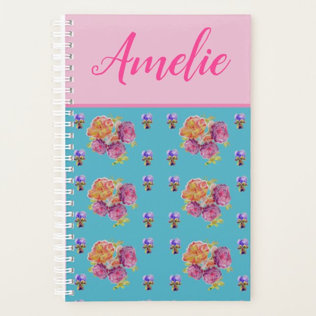 Red Pink Rose Shabby Chic Teal Aqua Floral Flower Planner (Front)