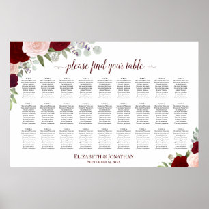 Red & Pink Roses 27 Table Wedding Seating Chart
