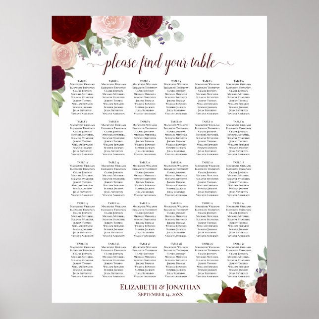 Red & Pink Roses 30 Table Wedding Seating Chart (Front)