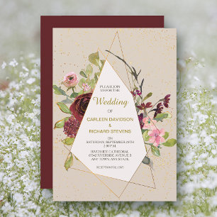 Red Pink Roses and Gold Frame Wedding Invitation