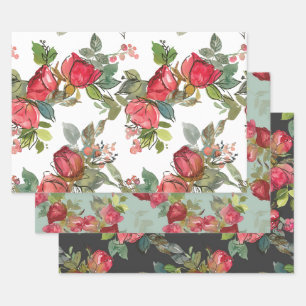 Red Pink Roses Berries Greenery Watercolor Floral Wrapping Paper Sheet