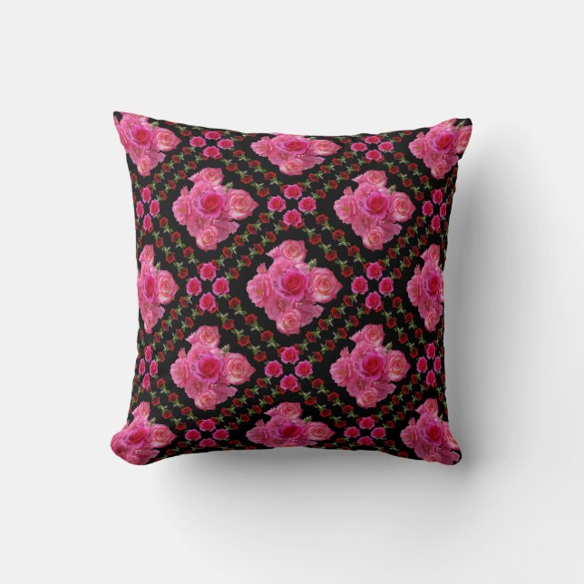 RED &  PINK ROSES BLACK PATTERNS CUSHION (Front)