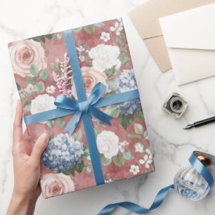 Red Pink Roses Bllue Hyndrangea Floral Wedding Wrapping Paper