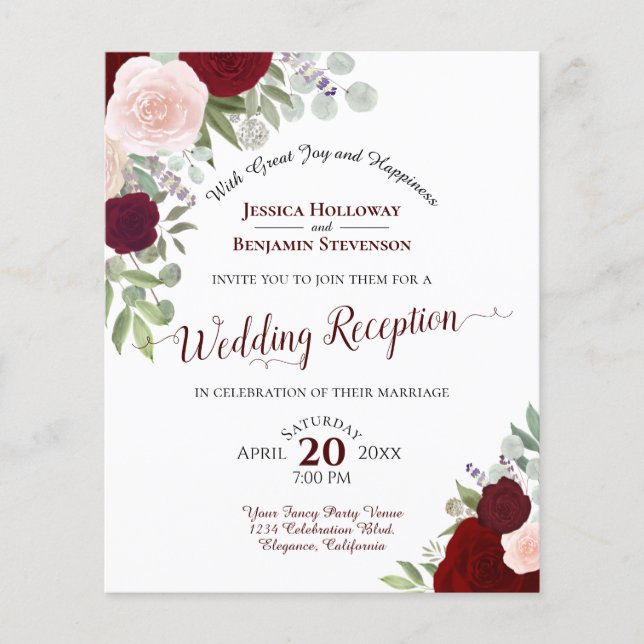 Red & Pink Roses Budget Wedding Reception Invite (Front)