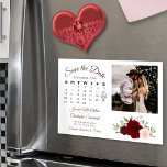 Red & Pink Roses Calendar & Photo Save the Date Magnetic Invitation<br><div class="desc">This beautiful magnetic card is a wonderful way to let your friends and family know to Save the Date for your upcoming wedding. The rustic boho chic design features with a cluster of hand painted watercolor roses in shades of burgundy, red, and blush pink. The left side of the card...</div>
