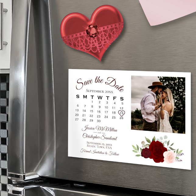 Red & Pink Roses Calendar & Photo Save the Date Magnetic Invitation (In Situ)