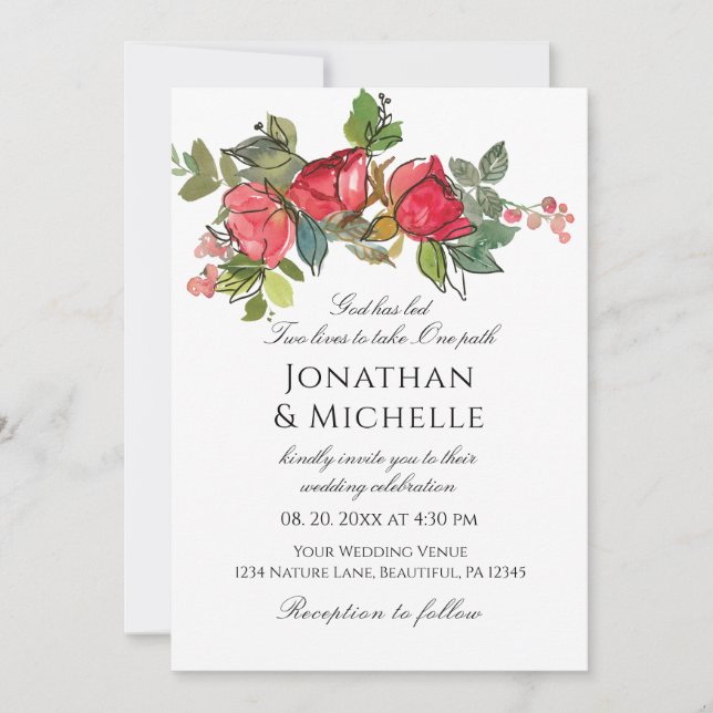Red Pink Roses Floral All In One Christian Wedding Invitation (Front)