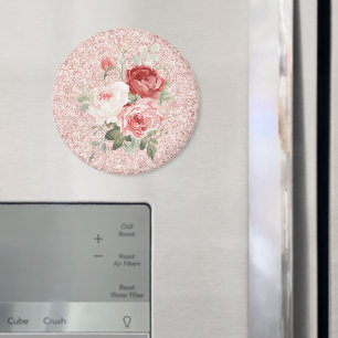 Red Pink Roses Floral Glitter Magnet