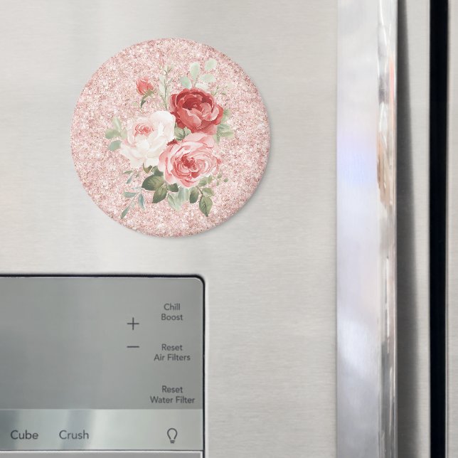 Red Pink Roses Floral Glitter Magnet (In Situ (Fridge))