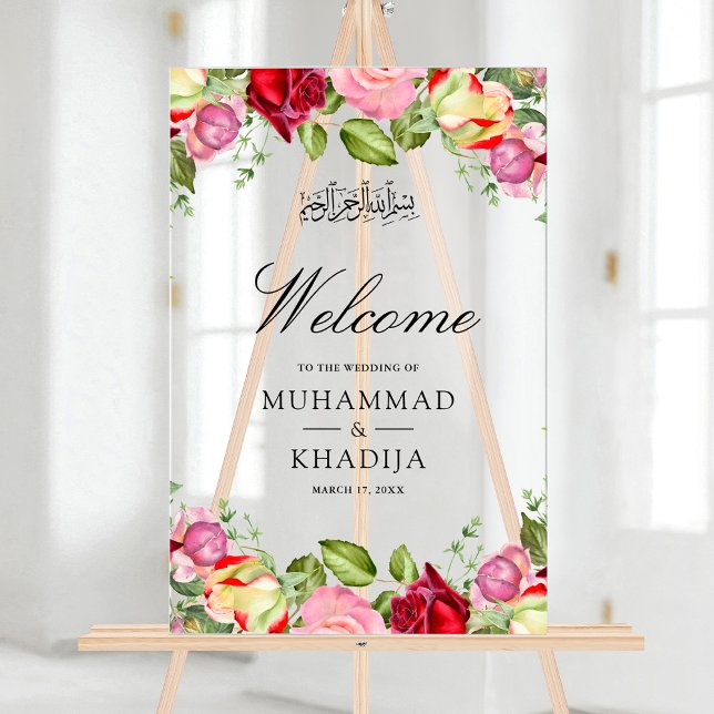 Red Pink Roses Floral Muslim Wedding Welcome Acrylic Sign (Creator Uploaded)