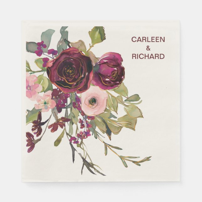 Red Pink Roses Floral Wedding Napkin (Front)