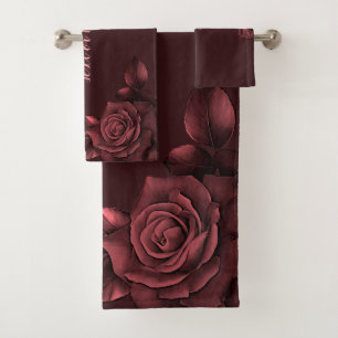 Red Pink Roses Flowers Maroon Elegant Bath Towel Set