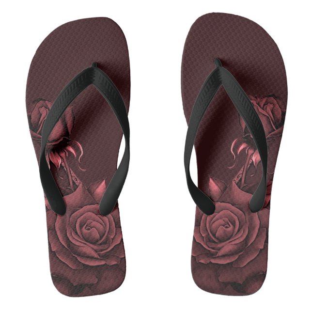 Red Pink Roses Flowers Maroon Stylish Jandals (Footbed)