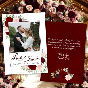 Red & Pink Roses Love & Thanks Note Wedding Photo Thank You Card