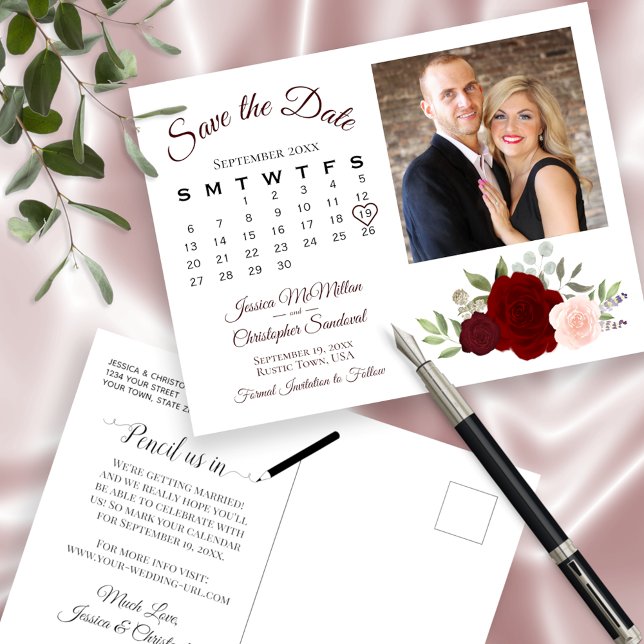 Red & Pink Roses Photo & Calendar Save the Date Announcement Postcard (Creator Uploaded)