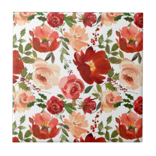 Red Pink Roses Poppies Trendy Girly bathroom Tile