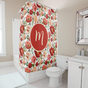 Red Pink Roses Poppies Trendy Girly Shower Curtain