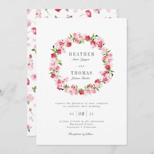 Red Pink Roses Watercolor Wreath Wedding Invitation (Front/Back)