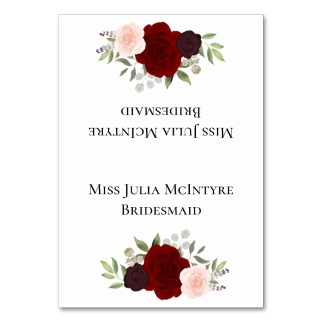 Red Pink Roses Wedding DIY Fold Place Card w/Title (Front)