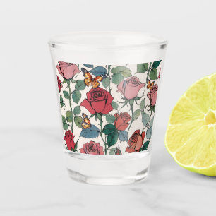 Red & Pink Roses with Leaves & Monarch Butterflies Shot Glass