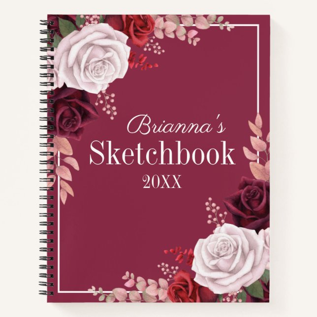Red Pink Roses Your Name Sketchbook Notebook (Front)