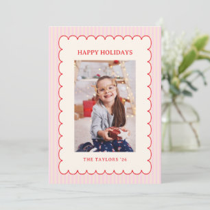 Red Pink Scalloped Stripe Preppy Photo Christmas Holiday Card