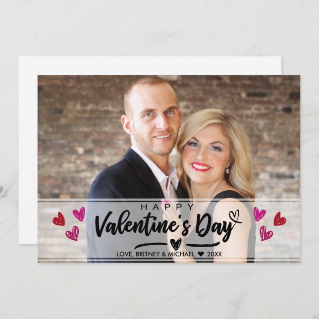 Red Pink Scribbled Heart Valentine Day Photo Card (Front/Back)