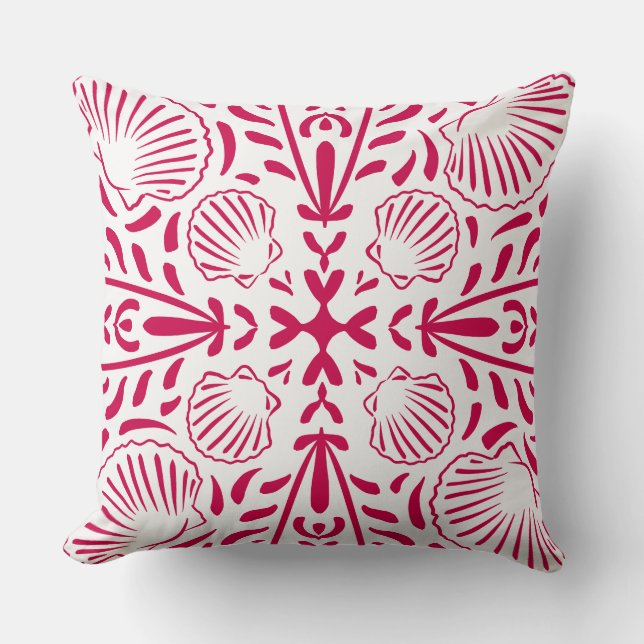 Red Pink Sheashells Coral Modern Bold Beach House Cushion (Front)