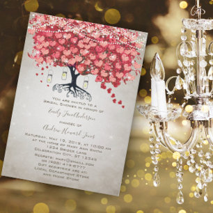 Red Pink Silver Woodsy Heart Leaf Bridal Shower Invitation