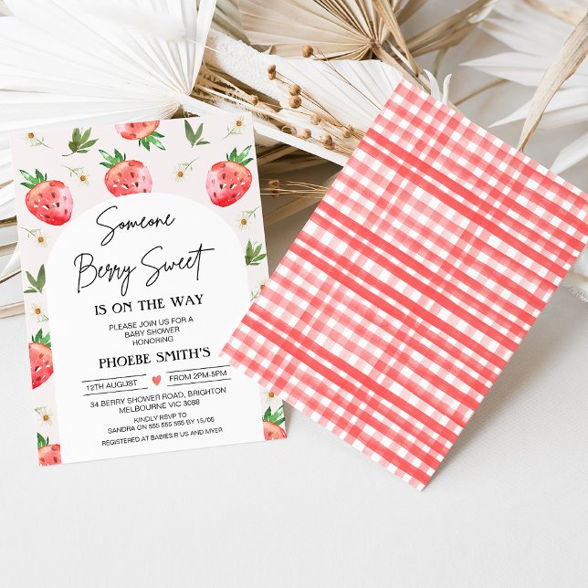 Red Pink Strawberry Daisy Berry Sweet Baby Shower Invitation (Girls Someone Berry Sweet is on the Way Baby Shower Invitation, Arch, Strawberry Strawberries Daisy)