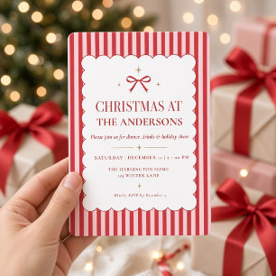 Red Pink Stripe Bow Christmas Dinner Party Invitation