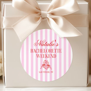 Red Pink Stripes Bachelorette Weekend Party Classic Round Sticker