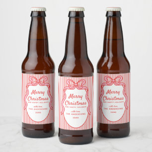 Red Pink Stripes & Bow Frame Christmas Beer Bottle Label