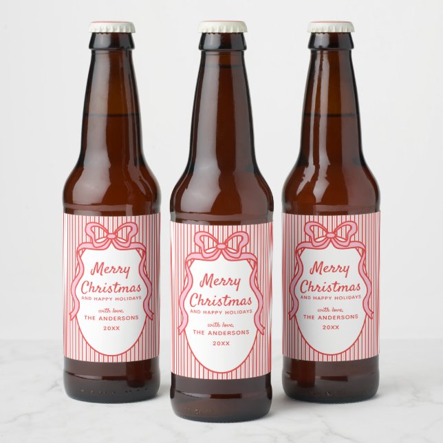 Red Pink Stripes & Bow Frame Christmas  Beer Bottle Label (Bottles)