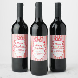 Red Pink Stripes & Bow Frame Christmas  Wine Label