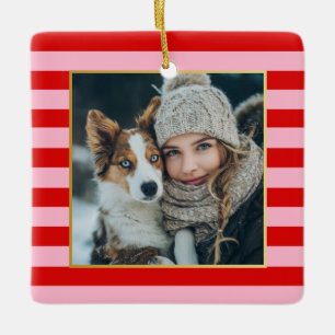 Red Pink Stripes Christmas Photo Ceramic Ornament