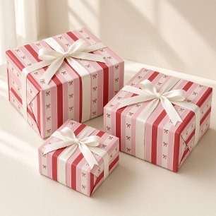 Red Pink Stripes Coquette Bows Christmas  Wrapping Paper