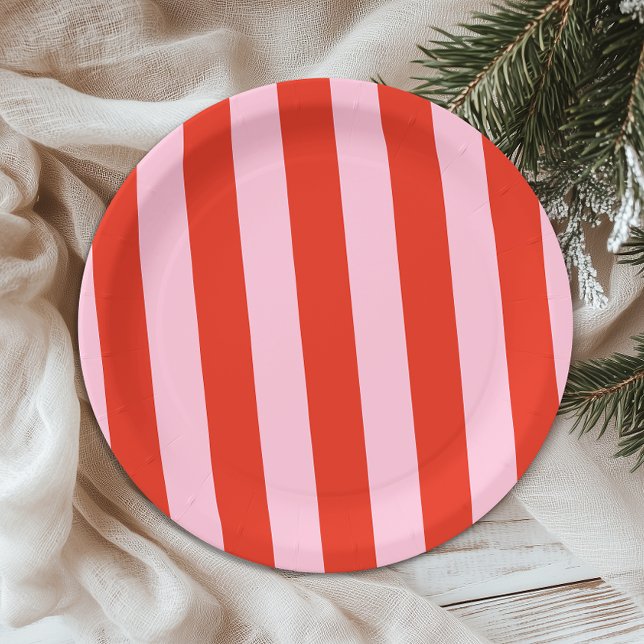 Red Pink Stripes Retro Paper Plate (Creator Uploaded)