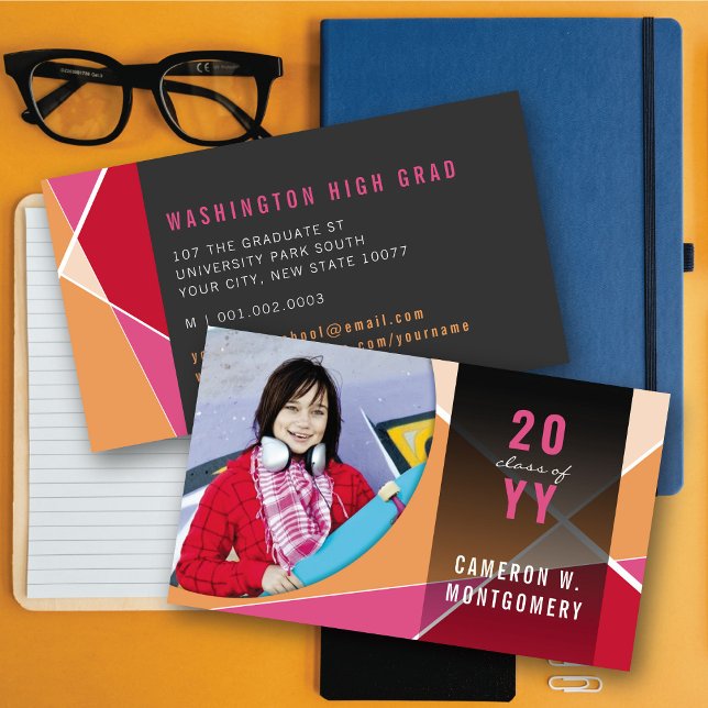 Red Pink Stylish Geometric Lines Mod Photo Graduat Calling Card (Fuchsia Stylish Geometric Criss Cross Photo Graduation Calling/Name Card @ zazzle.com/color_therapy)