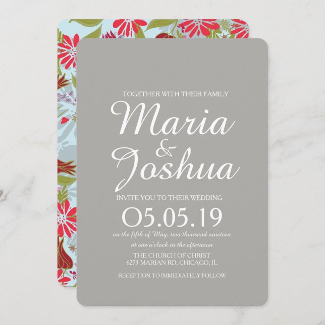 Red Pink Tulip Daisy Rose Mix Pattern Wedding Invitation (Front/Back)
