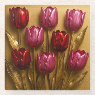 Red Pink Tulips Gold Glass Coaster