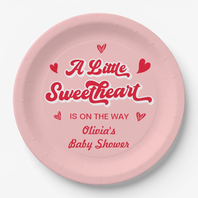 Red Pink Valentine A Little Sweetheart Baby Shower Paper Plate (Front)