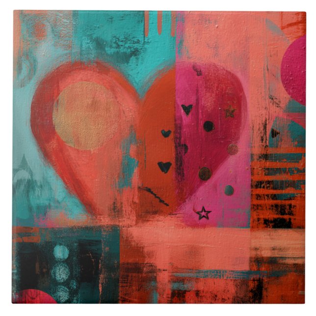 Red Pink Valentine Graffiti Split Heart Tile (Front)