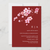 Red Pink Watercolor Cherry Blossom Wedding