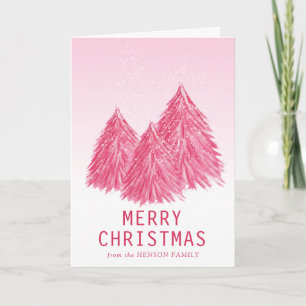 Red Pink Watercolor Christmas Tree Artistic Holiday Card