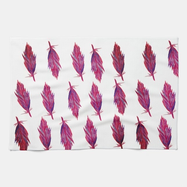 Red Pink Watercolor Feather  Tea Towel (Horizontal)