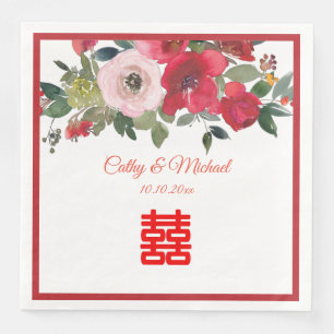 Red pink watercolor floral modern Chinese wedding Napkin