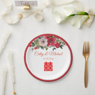 Red pink watercolor floral modern Chinese wedding Paper Plate