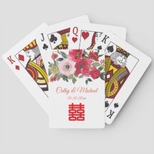 Red pink watercolor floral modern Chinese wedding Playing Cards